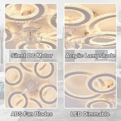 6 Ringen Kristallen Plafondventilator - Zwart - 6 Snelheden - Smart lamp - Dimbaar Met Afstandsbediening & APP - Moderne Cirkel Ventilator Licht - Crystal Kroonluchter Ventilator
