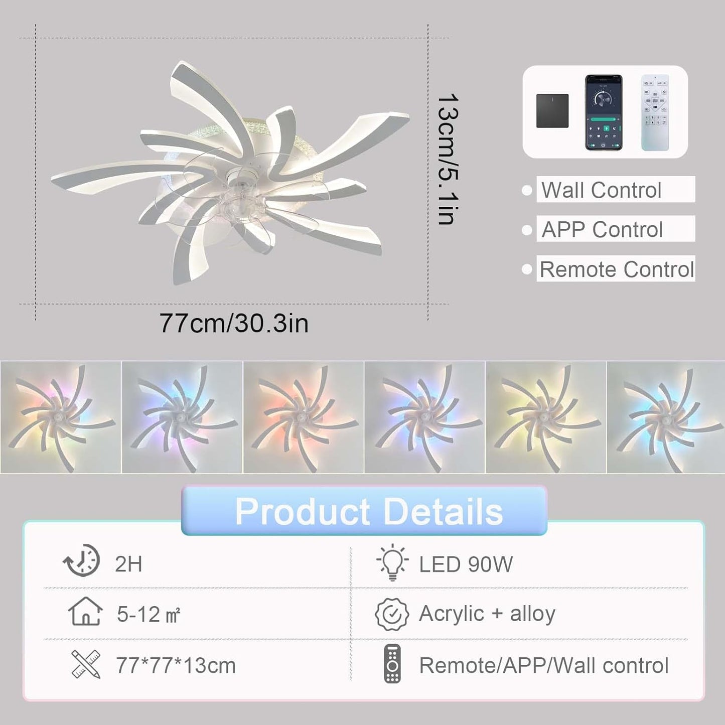 5 Vleugel Ventilator Lamp - Dimbaar Met Afstandsbediening - RGB 12 Kleuren - Plafondventilator Met LED - Smart Life App - Woonkamerlamp - Moderne lamp - Plafonniere