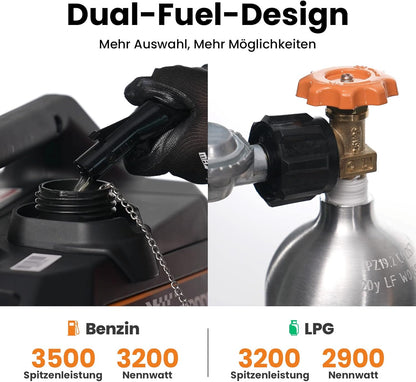 Draagbare Dual-Fuel Omvormergenerator – 3200 Benzine & LPG – 4 Takt - Camping - Stille Generator met USB en AC-uitgangen voor Kamperen - Noodgevallen - Outdoor Gebruik