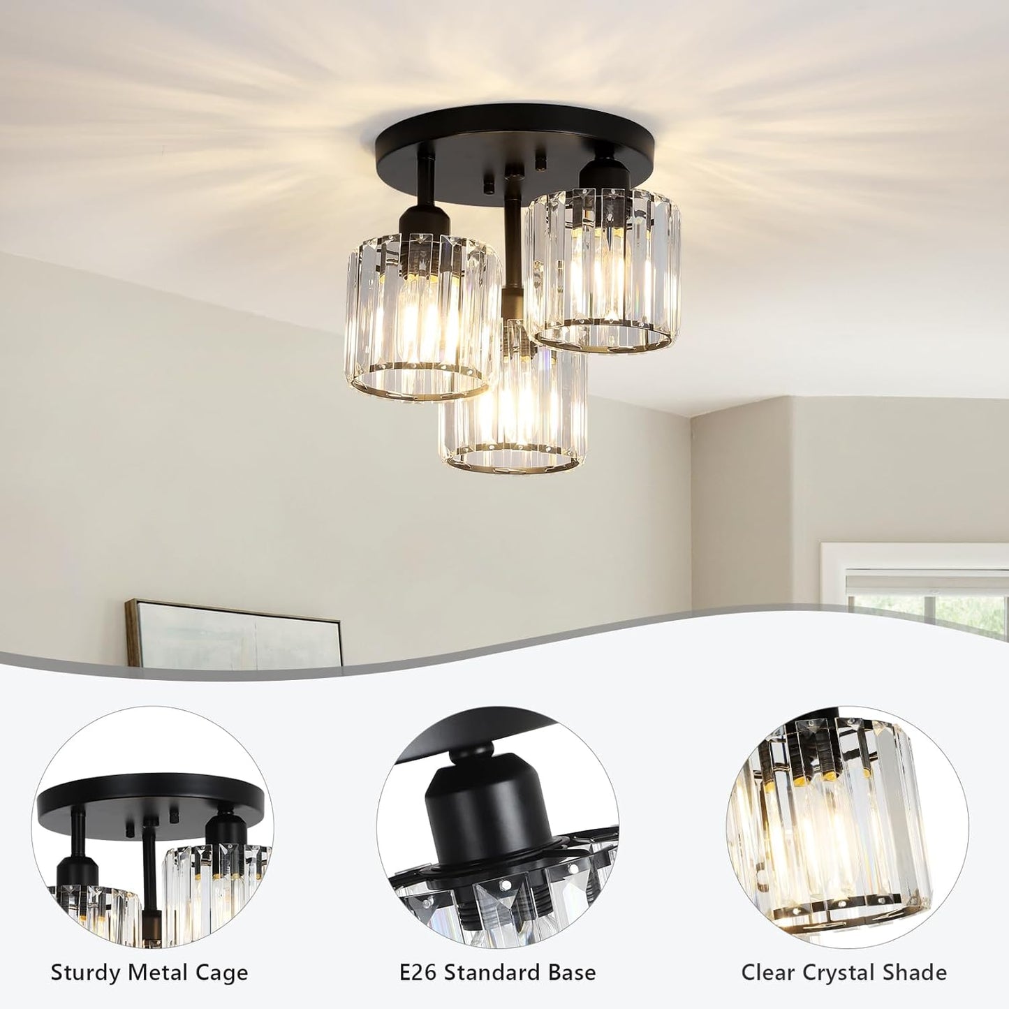Moderne Kristallen Kroonluchter - 3 Kop Crystal Plafondlamp - K9-Kristal - E27 - Zwart - Verlichting - Plafonnière