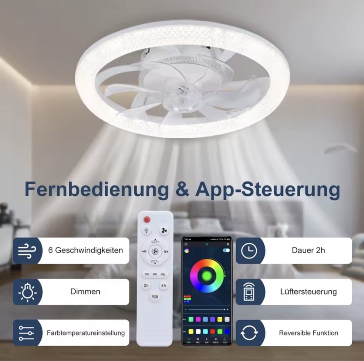RGB Plafondventilator - Met Speaker - Dimbaar Met Afstandsbediening - 12 Kleuren - 60W - RGB Muziek Ventilator - Woonkamerlamp - Kroonluchter Ventilator