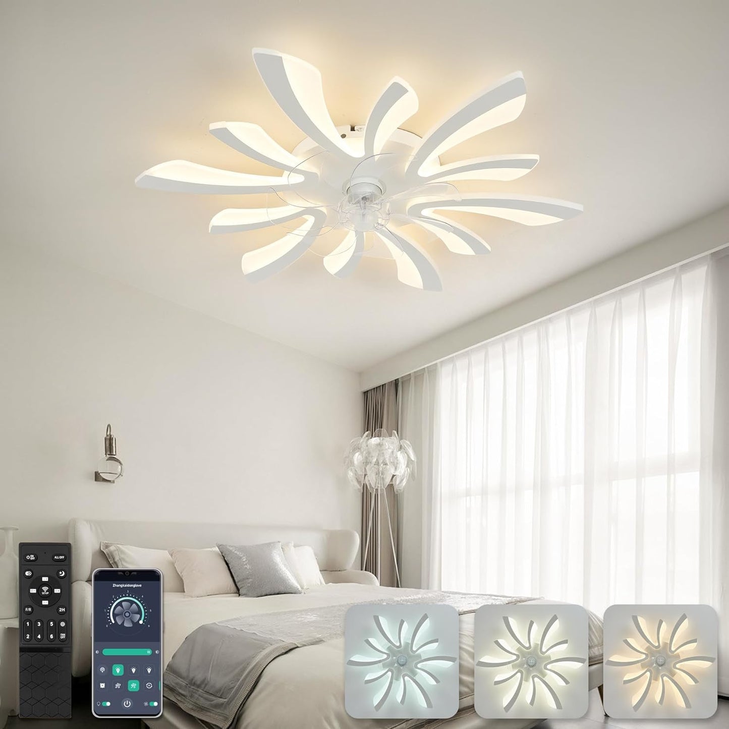 LuxiLamps - 5 Wing Fan Lamp - Dimmable With Remote Control - White - Ceiling Fan With LED - Living Room Lamp - Modern Lamp - Ceiling Lamp