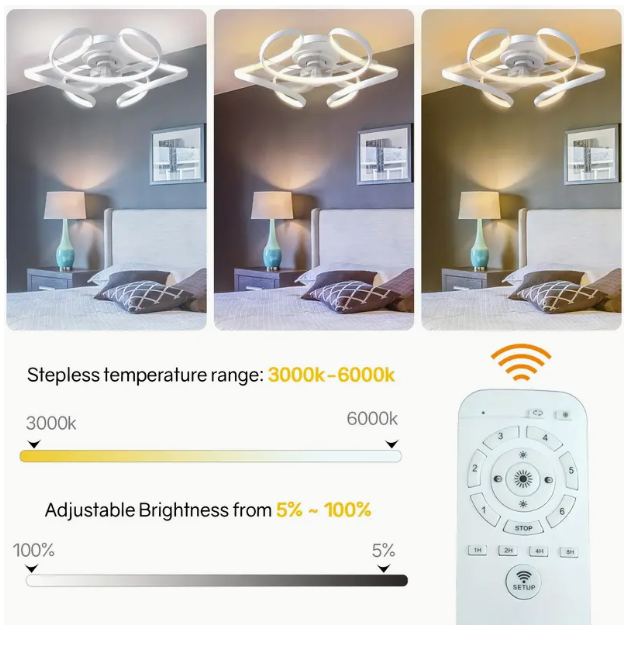 LuxiLamps - Krullen Ventilator Plafondlamp - Plafondventilator 50 cm - Wit - Smart Lamp - Met Dimmer - 6 Standen Ventilator - Keuken Lamp - Woonkamer Lamp - Moderne Lamp - Slaapkamer Lamp