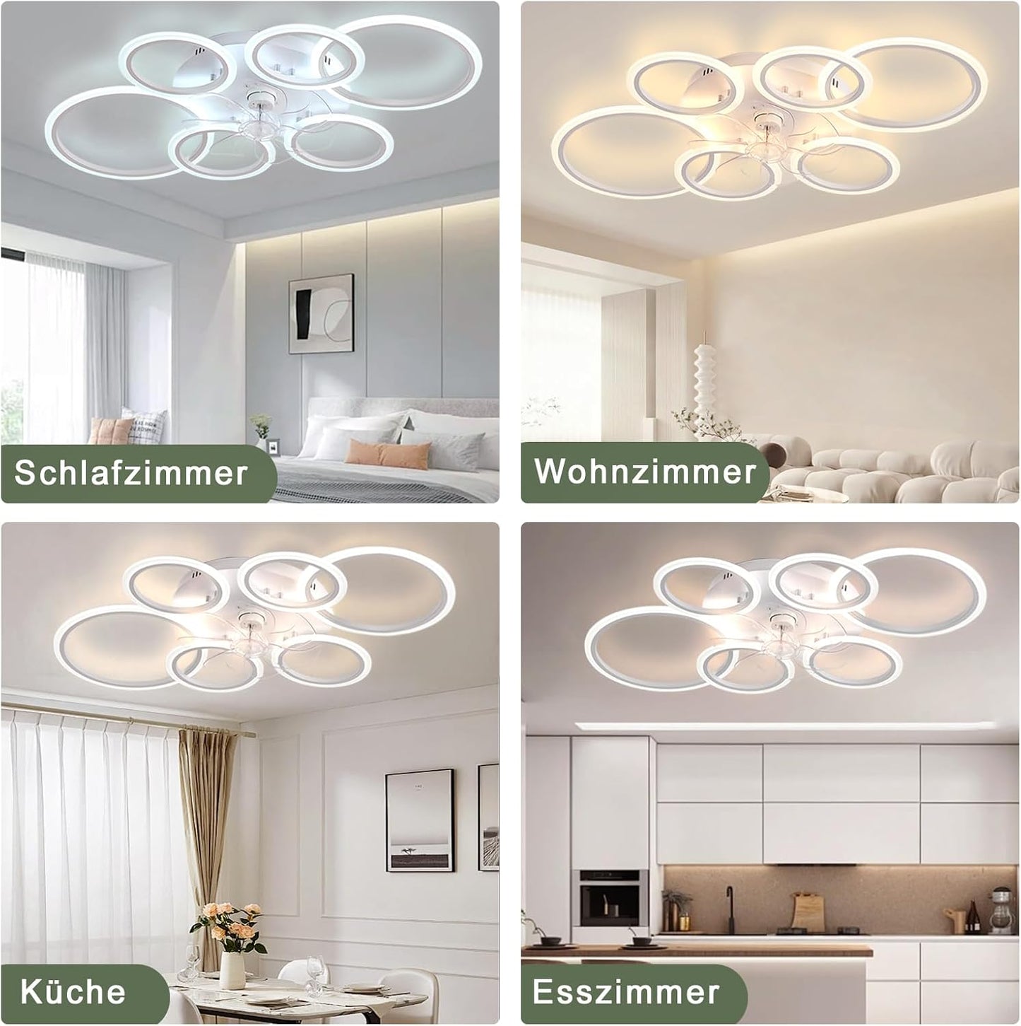 LuxiLamps - 6 Ringen LED Plafondventilator - Wit - 6 Snelheden - Smart lamp - Dimbaar Met Afstandsbediening & APP - Moderne Cirkel Ventilator Licht - Kroonluchter Ventilator