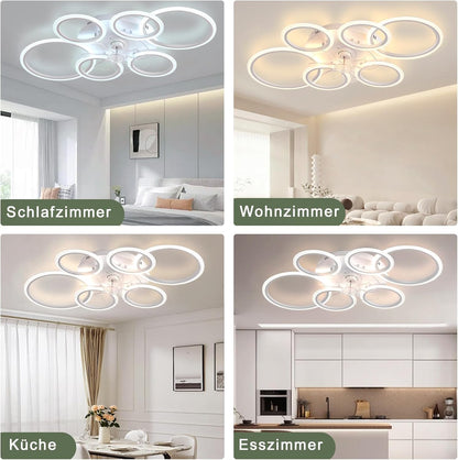 LuxiLamps - 6 Ringen LED Plafondventilator - Wit - 6 Snelheden - Smart lamp - Dimbaar Met Afstandsbediening & APP - Moderne Cirkel Ventilator Licht - Kroonluchter Ventilator