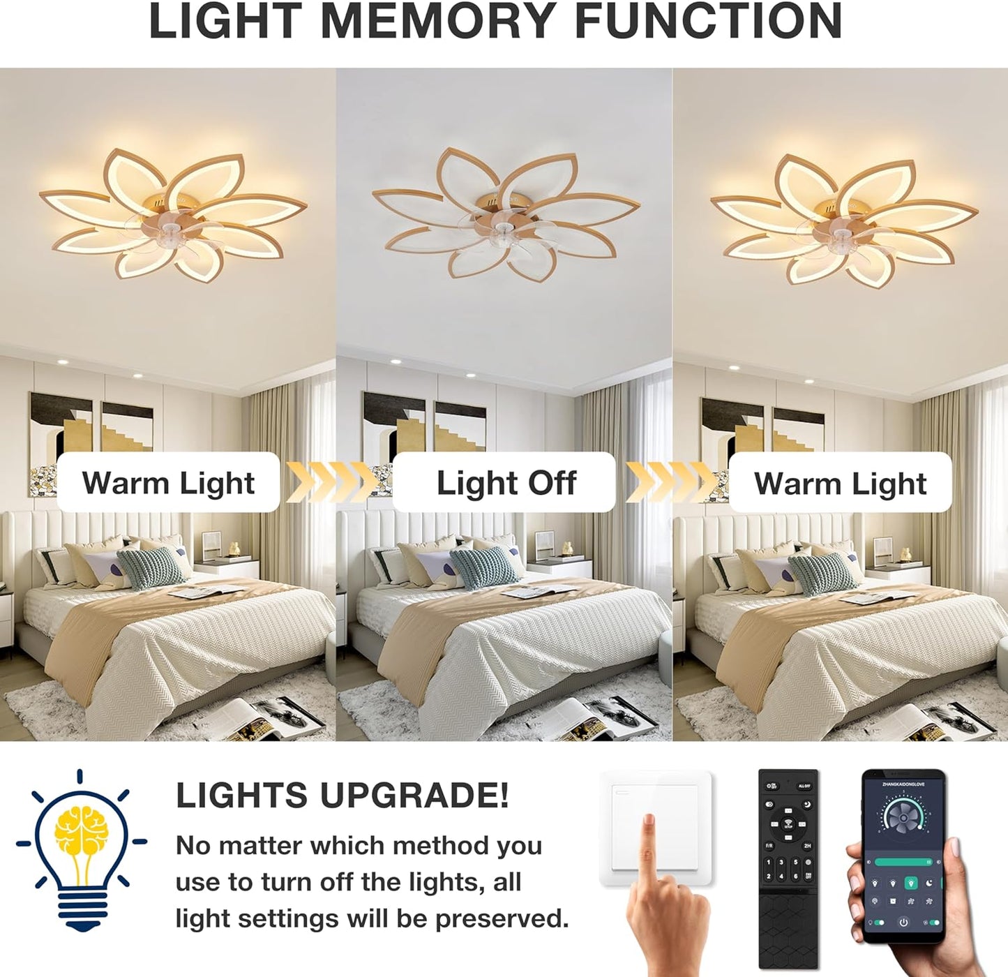 LuxiLamps - 8 Sterren Plafondlamp Met Ventilator - Goud - Met Afstandsbediening - Smart lamp - Dimbaar Met App - 6 Standen Ventilator - Woonkamerlamp - Moderne lamp - Plafoniere