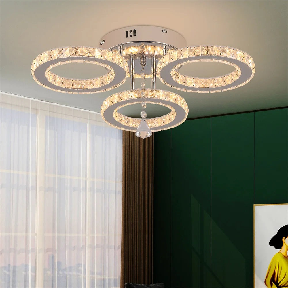 LuxiLamps - 3 Cirkel Chroom Kroonluchter - Dimbaar Met Afstandsbediening - Woonkamerlamp - LED Plafondlamp - Plafonniere - Crystal LED Lamp