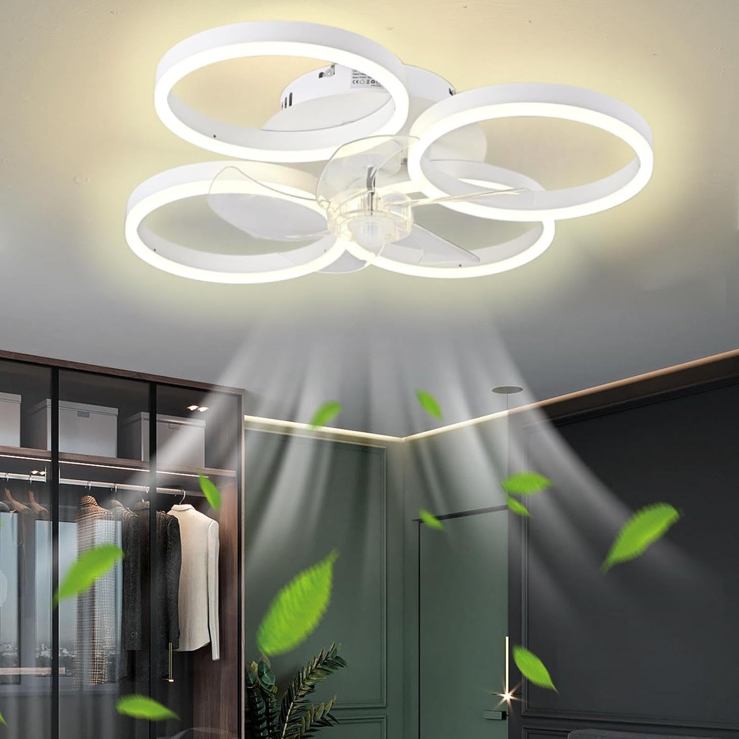 LuxiLamps - 4 Ringen Ventilator - Wit - 60 cm - Smart Lamp - Kroonluchter - Dimbaar Met Afstandsbediening - 64W
