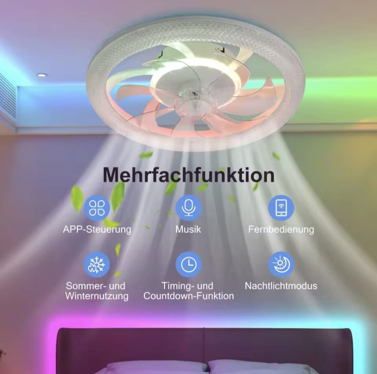 RGB Plafondventilator - Met Speaker - Dimbaar Met Afstandsbediening - 12 Kleuren - 60W - RGB Muziek Ventilator - Woonkamerlamp - Kroonluchter Ventilator