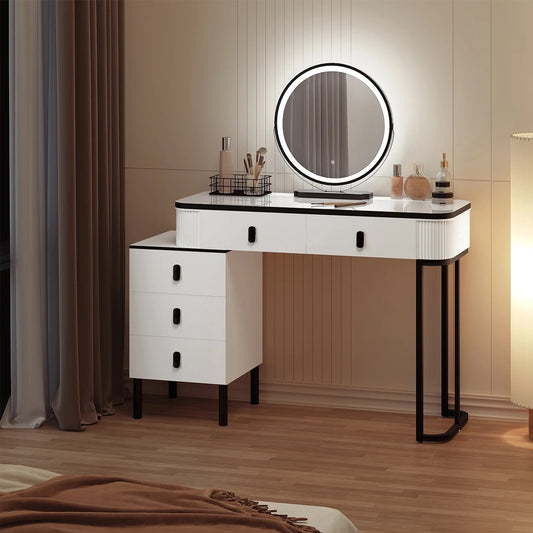 Kaptafel Met LED Spiegel - 5 Laden - USB - Touch Screen - Instelbare LED Verlichting - Make-up Tafel - Mobiele Spiegelijdelheid - Modern Design