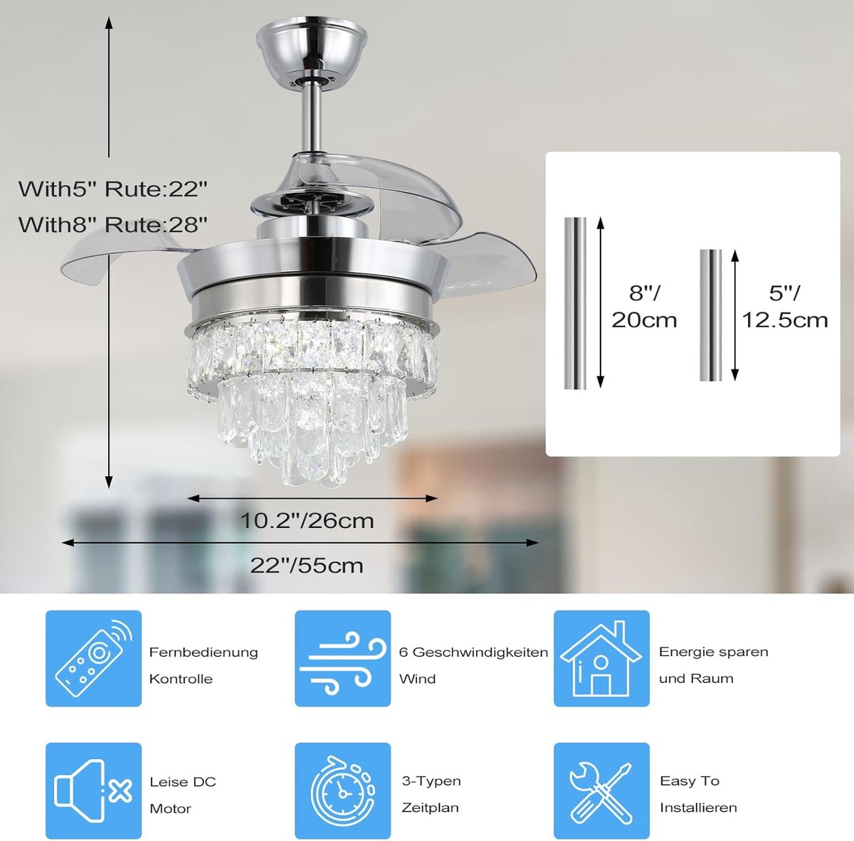 Hanglamp Ventilator - Chroom - 3 Blad - Dimbaar Met Afstandsbediening - 55 cm - 6 Standen - Woonkamer Ventilator Lamp - Plafondventilator - 22 inch