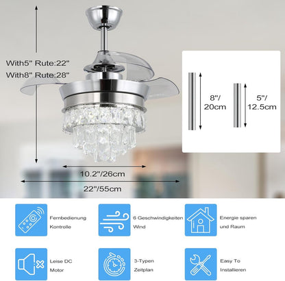 Hanglamp Ventilator - Chroom - 3 Blad - Dimbaar Met Afstandsbediening - 55 cm - 6 Standen - Woonkamer Ventilator Lamp - Plafondventilator - 22 inch