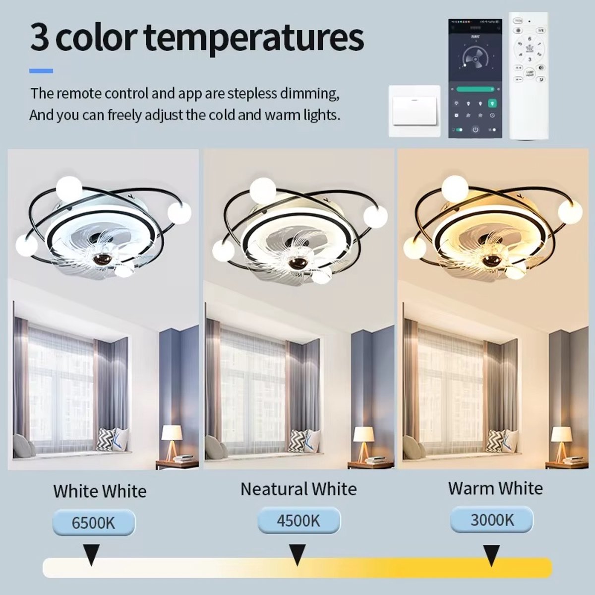 Krullen Ventilator Plafondlamp - Plafondventilator 50 cm - Goud - Smart Lamp - Met Dimmer - 6 Standen Ventilator - Keuken Lamp - Woonkamerlamp - Moderne Lamp - Slaapkamer Lamp Ventilator