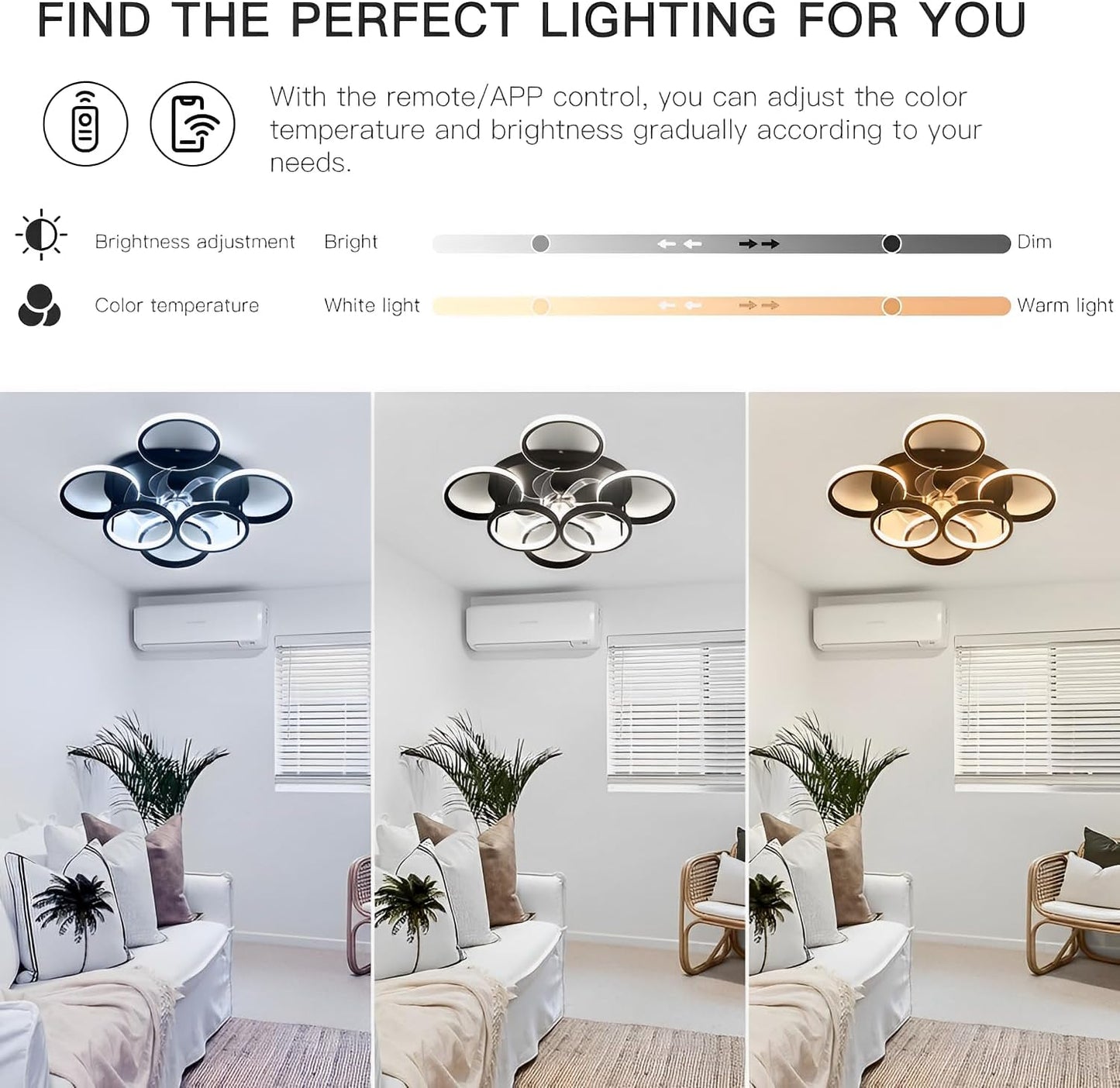 LuxiLamps - 6 Cirkel Plafondventilator - Zwart - 6 Snelheden - Dimbaar Met Afstandsbediening en APP - Moderne Smart Lamp Ventilator