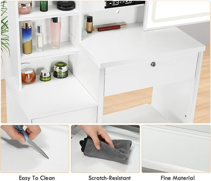 Moderne Witte Make-up tafel met Instelbare LED Verlichting - Kaptafel met Spiegel, 4 Laden - Met Slot en Aanpasbare Planken - Stijlvolle Opslag voor Make-up