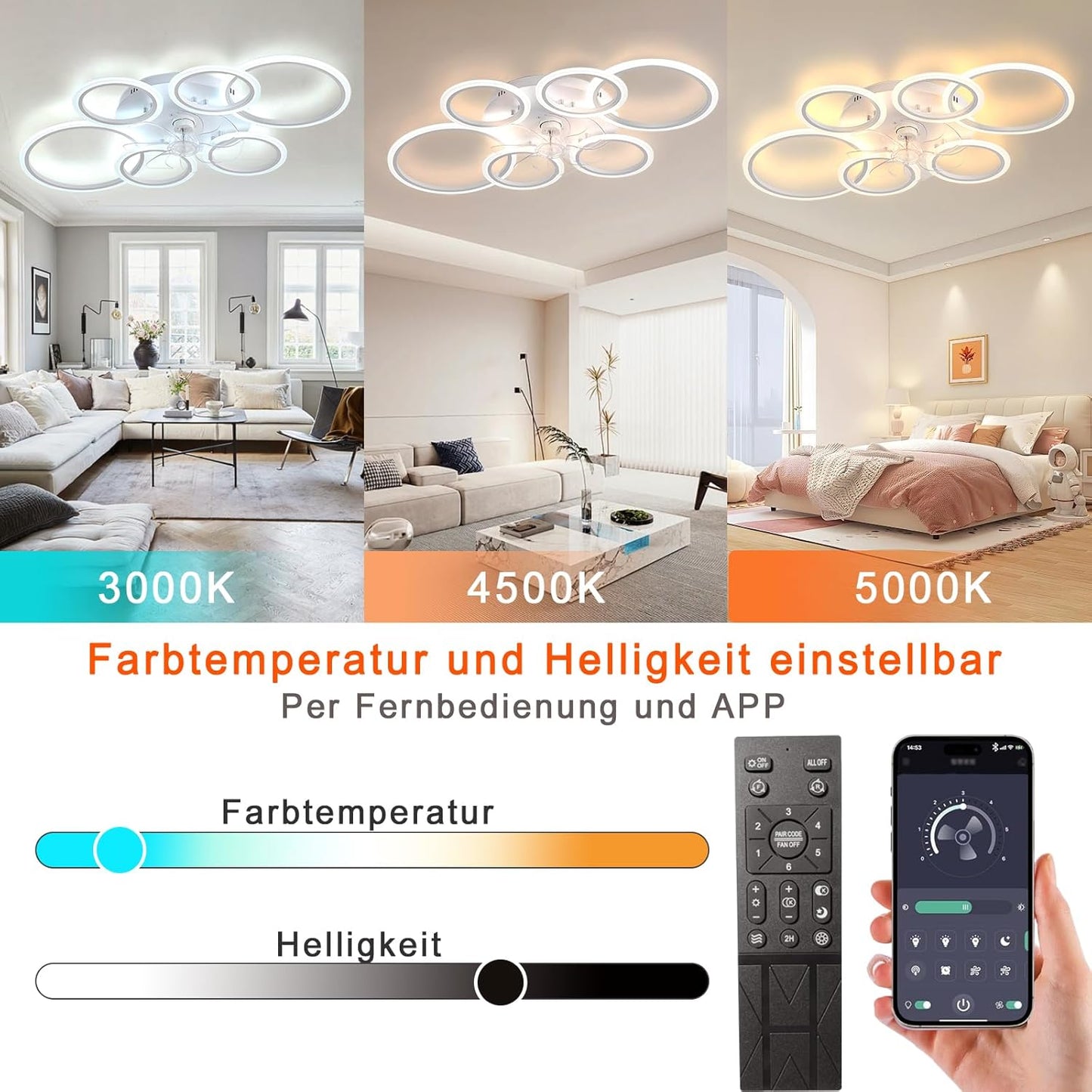 LuxiLamps - 6 Ringen LED Plafondventilator - Wit - 6 Snelheden - Smart lamp - Dimbaar Met Afstandsbediening & APP - Moderne Cirkel Ventilator Licht - Kroonluchter Ventilator