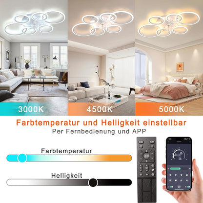 LuxiLamps - 6 Ringen LED Plafondventilator - Wit - 6 Snelheden - Smart lamp - Dimbaar Met Afstandsbediening & APP - Moderne Cirkel Ventilator Licht - Kroonluchter Ventilator