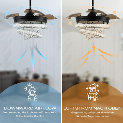 3 Ring Crystal Ventilator Lamp - Met Afstandsbediening - Stille Ventilator - 106 cm - Zwart - Timer - Woonkamerlamp Ventilator - Moderne Plafond Ventilator Lamp - Kroonluchter Ventilator