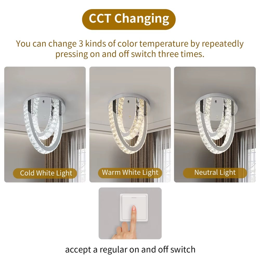 2 Ring Crystal Plafondlamp - Luxe LED Plafondlamp - Chroom - Woondecoratie - 3 Kleuren - Kristallen Kroonluchter - Moderne Plafondlamp - 30 cm