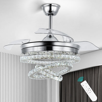 3 Ring Crystal Ventilator Lamp - Met Afstandsbediening - Stille Ventilator - 106 cm - Chroom - Timer - Woonkamerlamp Ventilator - Moderne Plafond Ventilator Lamp - Kroonluchter Ventilator
