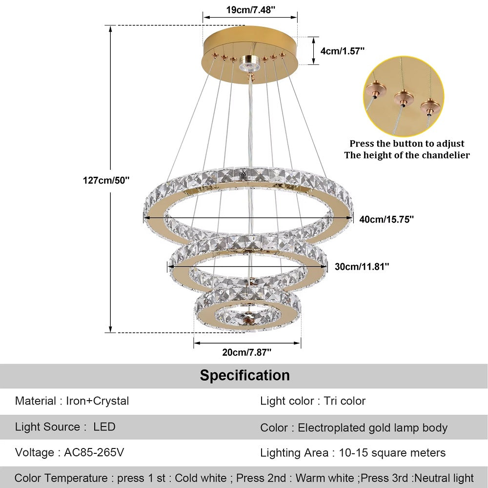 Luxe Kristallen Kroonluchter - Goud - Eettafel Hanglamp - Woonkamerlamp - 3 Ringen - 40 30 20 cm