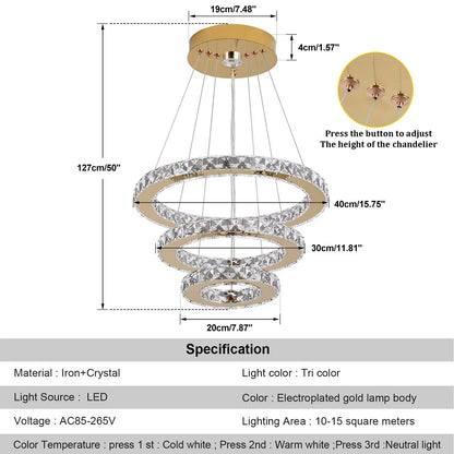 Luxe Kristallen Kroonluchter - Goud - Eettafel Hanglamp - Woonkamerlamp - 3 Ringen - 40 30 20 cm