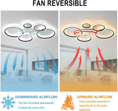 LuxiLamps - 5 Rings Ceiling Fan - White - 6 Speeds - Dimmable With Remote Control and APP - Modern Circle Fan Light