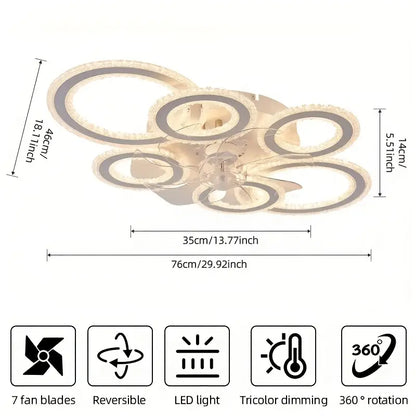 6 Ringen Kristallen Plafondventilator - Wit - 6 Snelheden - Smart lamp - Dimbaar Met Afstandsbediening & APP - Moderne Cirkel Ventilator Licht - Crystal Kroonluchter Ventilator