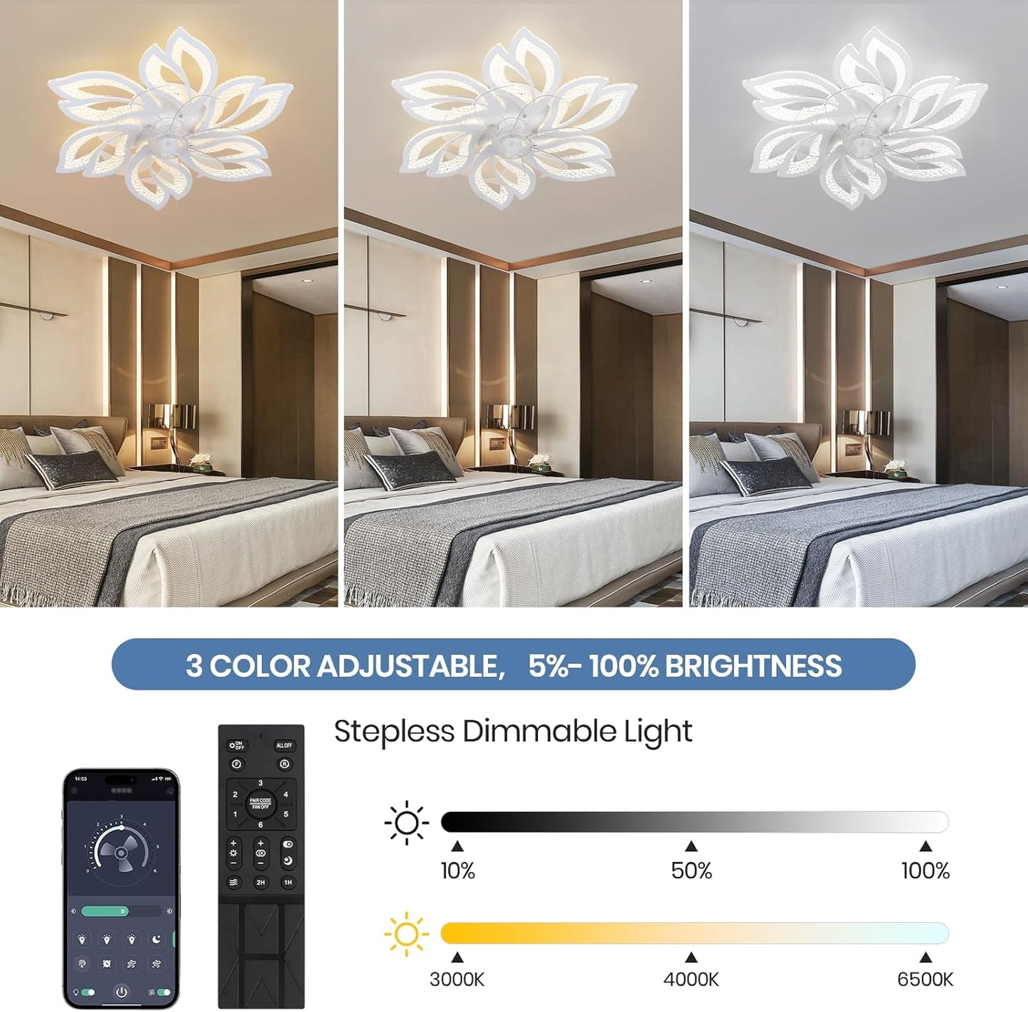 6 Bloem Crystal Ventilator Lamp - Plafondventilator - Wit - 6 Standen - Smart Lamp - Dimbaar - Kroonluchter Ventilator - Chandelier Fan - Woonkamerlamp - Ventilator Lampen