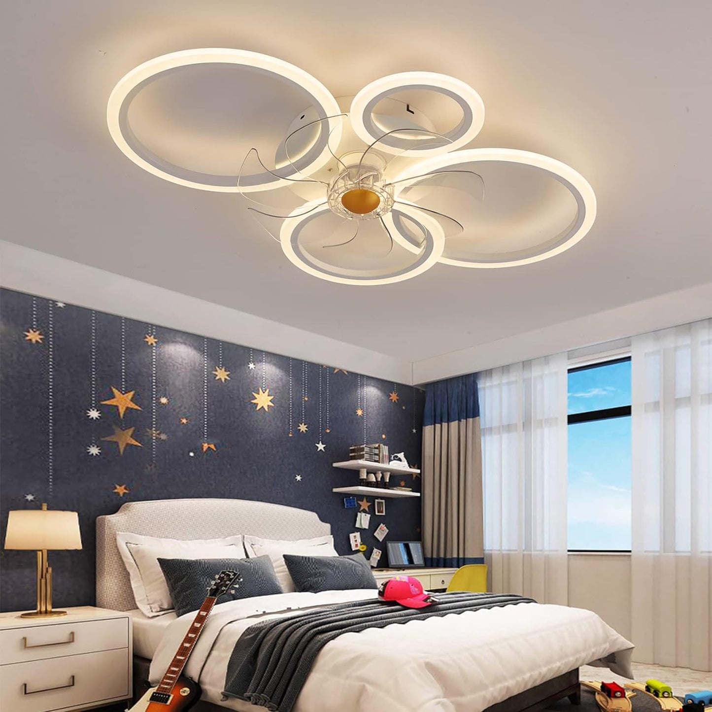 LuxiLamps - 4 Ringen LED Plafondventilator - Wit - 6 Snelheden - Smart lamp - Dimbaar Met Afstandsbediening & APP - Moderne Cirkel Ventilator Licht - Kroonluchter Ventilator