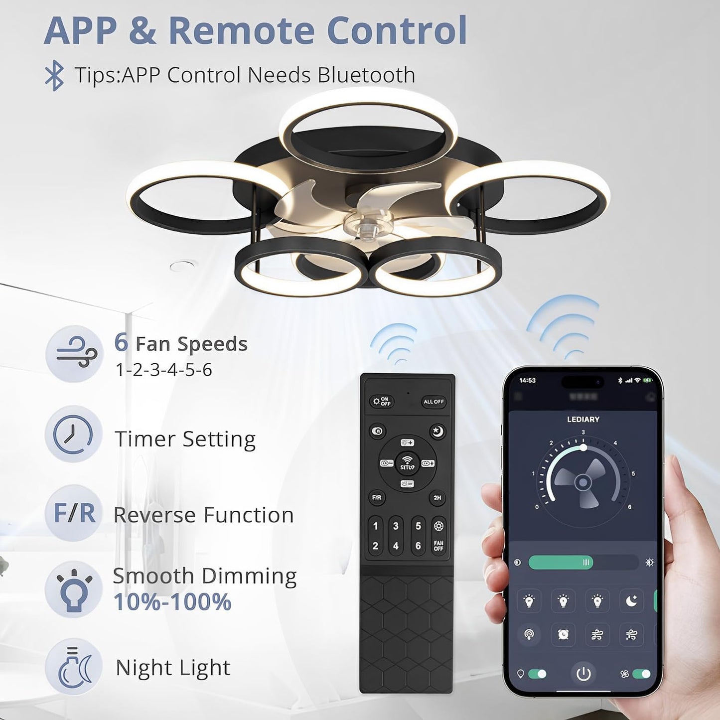LuxiLamps - 6 Cirkel Plafondventilator - Zwart - 6 Snelheden - Dimbaar Met Afstandsbediening en APP - Moderne Smart Lamp Ventilator