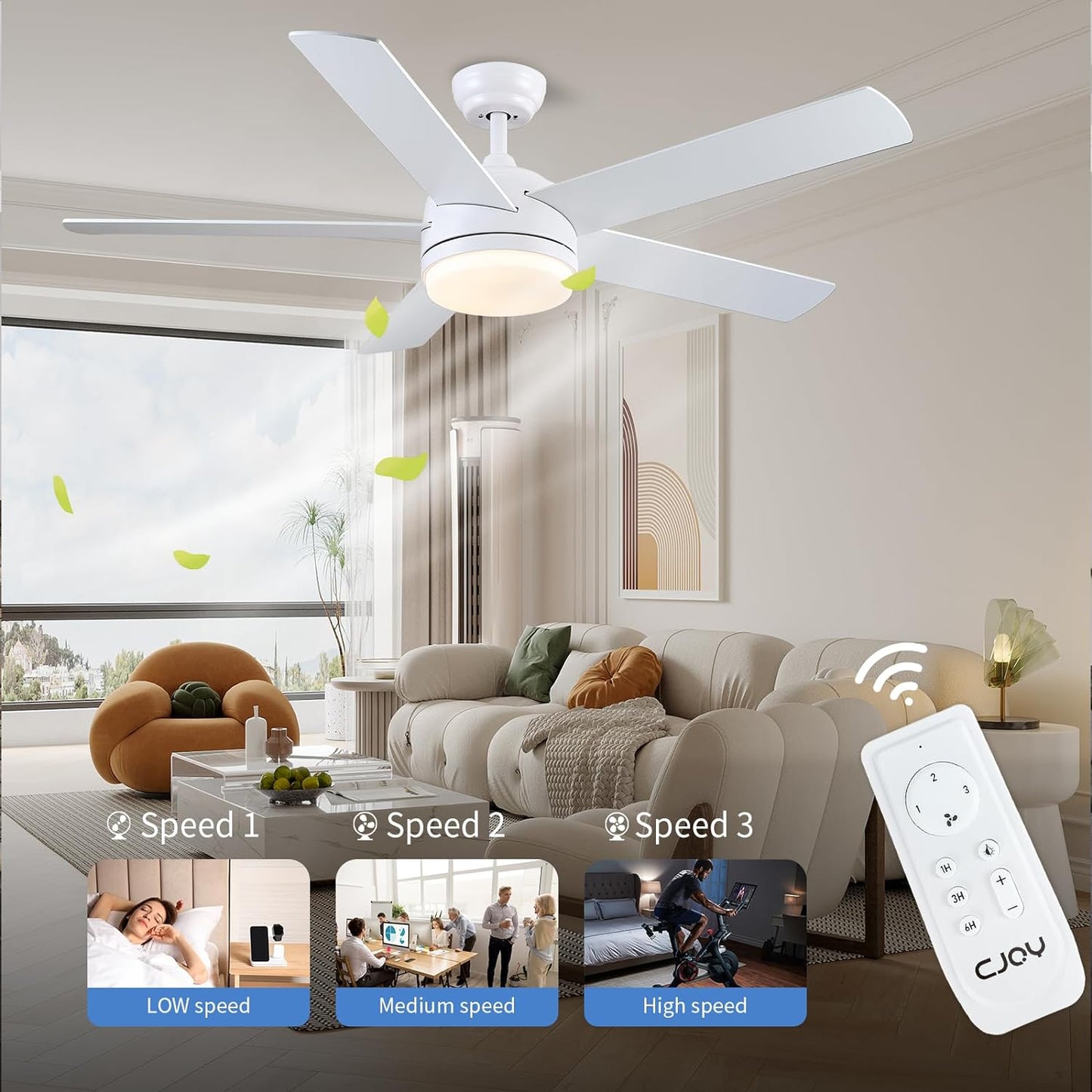 LuxiLamps - 5 Blad Plafondventilator - Moderne LED Ventilator - 3 Snelheden - Bedienbaar Met Afstandsbediening - 132 cm - Wit - Omkeerbare Bladen