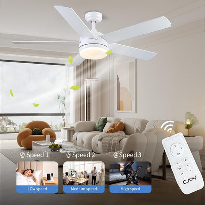 LuxiLamps - 5 Blad Plafondventilator - Moderne LED Ventilator - 3 Snelheden - Bedienbaar Met Afstandsbediening - 132 cm - Wit - Omkeerbare Bladen