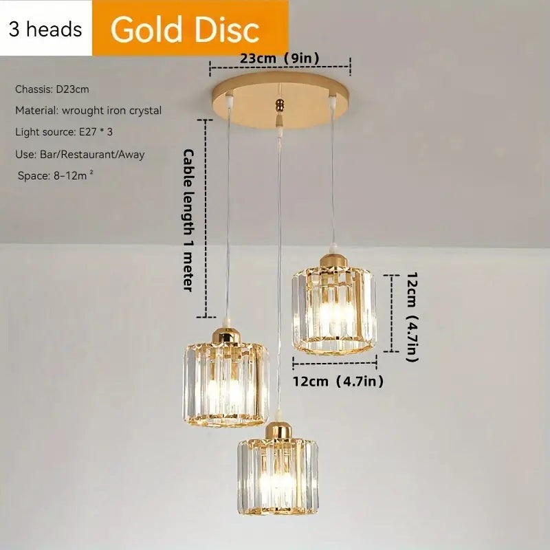 LuxiLamps - 3 Ronde Kristallen Hanglamp - Gouden Kroonluchter - E27 - Voor Keuken Of Eetkamer - Moderne Hanglamp
