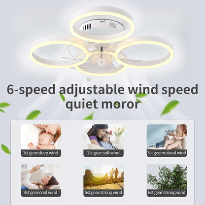 LuxiLamps - 4 Ringen Ventilator - Wit - 60 cm - Smart Lamp - Kroonluchter - Dimbaar Met Afstandsbediening - 64W