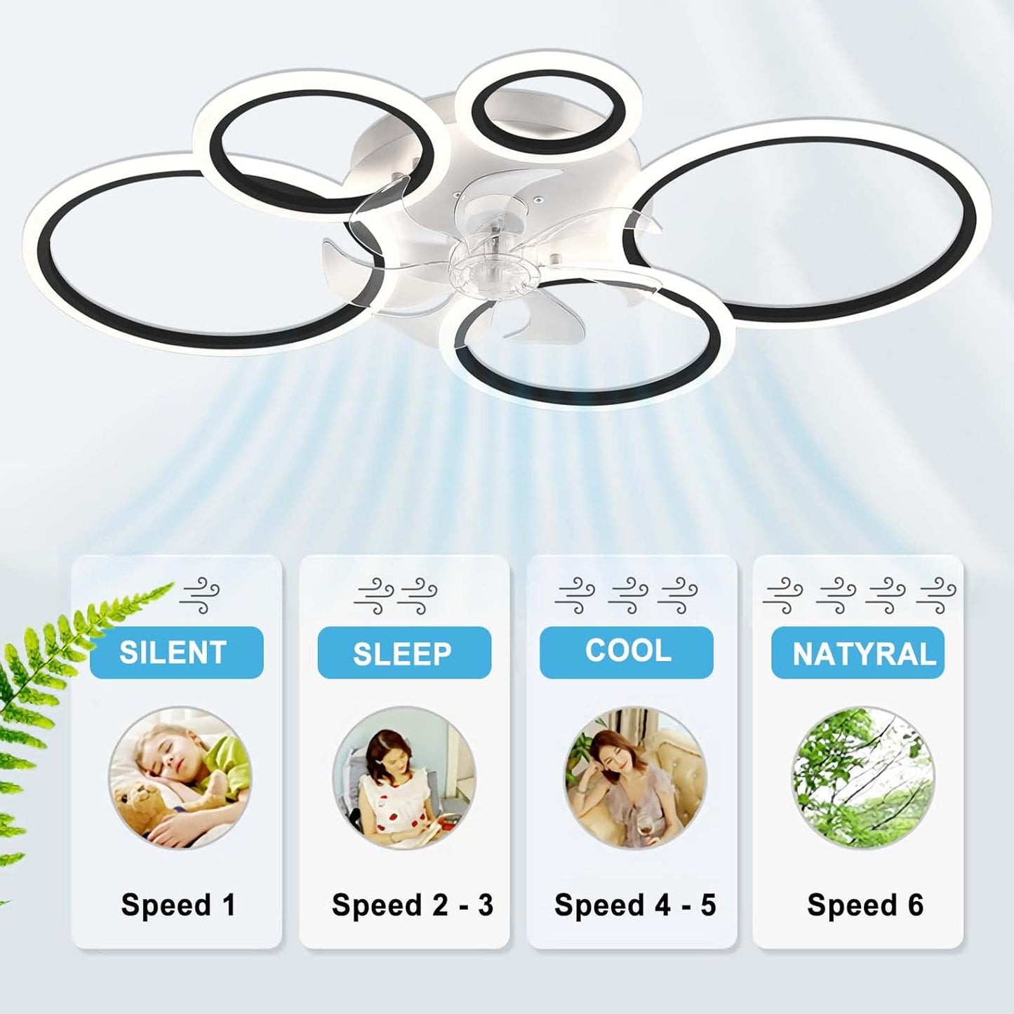 LuxiLamps - 5 Rings Ceiling Fan - White - 6 Speeds - Dimmable With Remote Control and APP - Modern Circle Fan Light