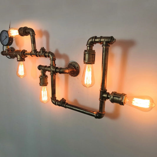 LuxiLamps - Water Pipe Wall Lamp - Industrial Vintage Wall Lighting - 5 Lamps - Sweep Gold - 95 cm - Modern Wall Lamp