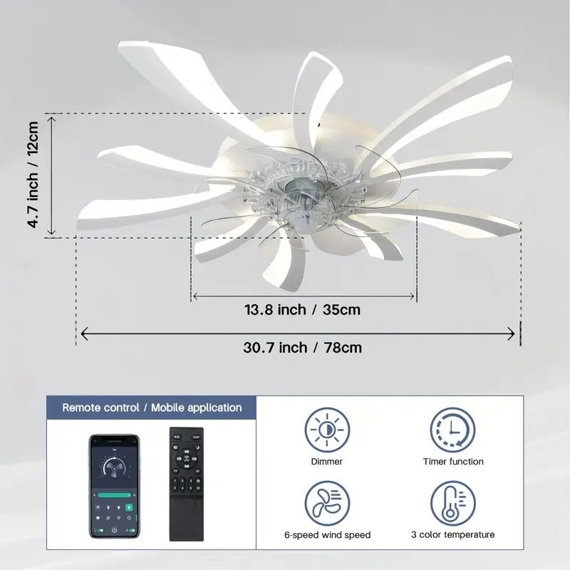 LuxiLamps - 5 Wing Fan Lamp - Dimmable With Remote Control - White - Ceiling Fan With LED - Living Room Lamp - Modern Lamp - Ceiling Lamp
