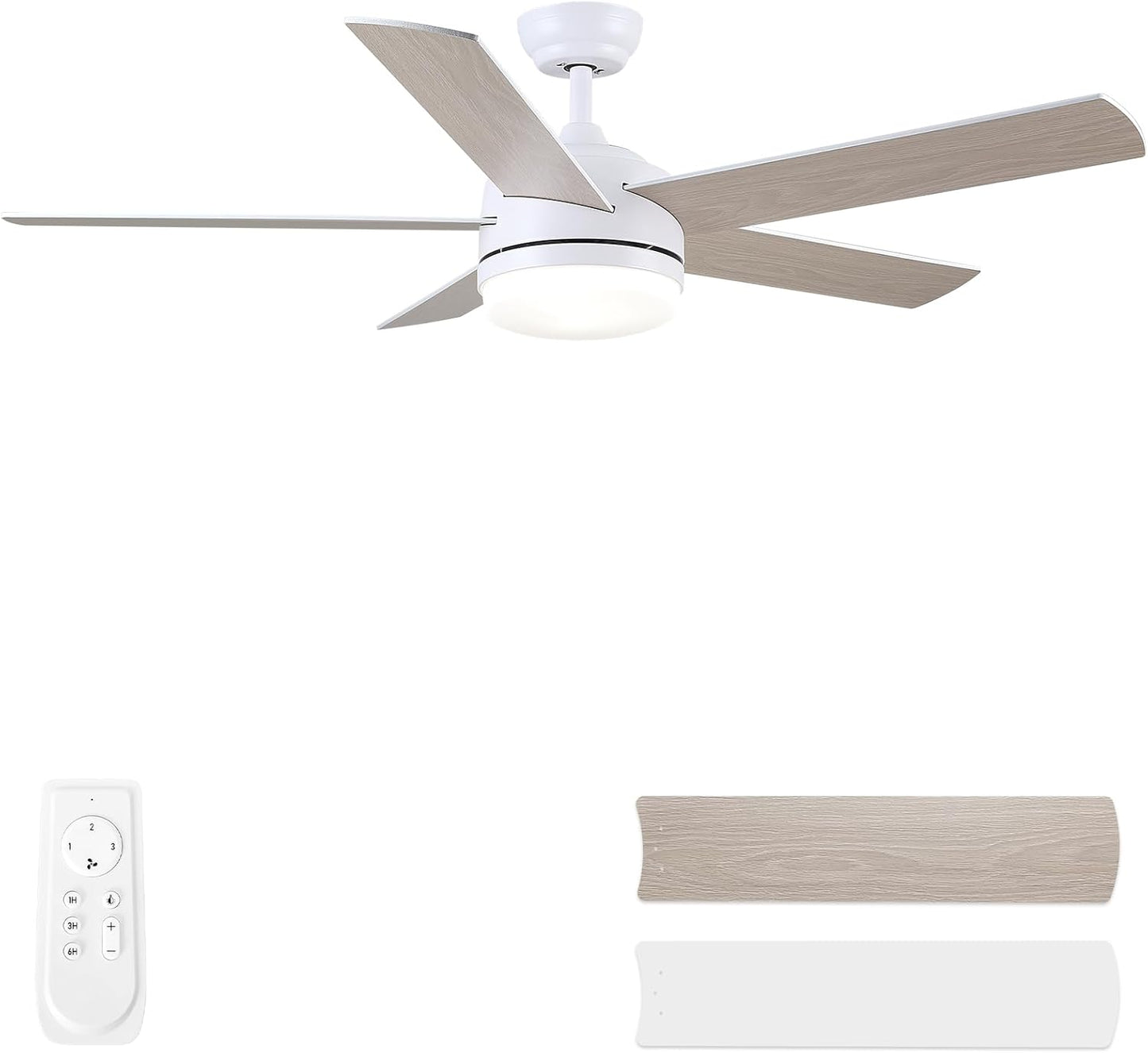 LuxiLamps - 5 Blad Plafondventilator - Moderne LED Ventilator - 3 Snelheden - Bedienbaar Met Afstandsbediening - 132 cm - Wit - Omkeerbare Bladen