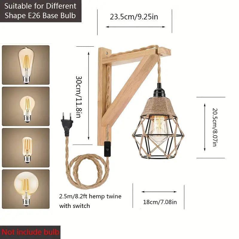 LuxiLamps - Houten Wandkandelaar Lamp - Met Metalen Kooischaduw - Met Stekker - E26 - Wandlamp - Muur Decoratie