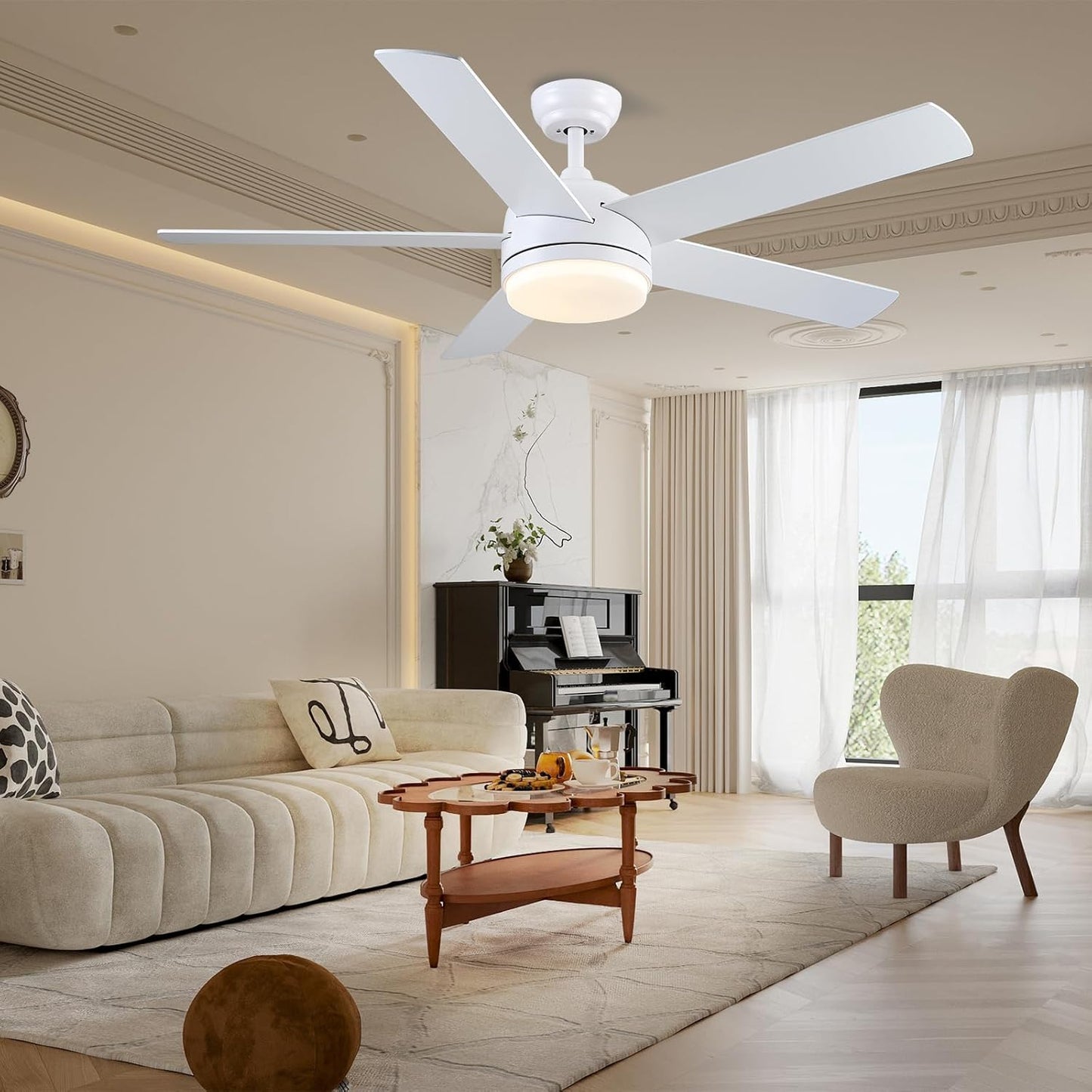 LuxiLamps - 5 Blad Plafondventilator - Moderne LED Ventilator - 3 Snelheden - Bedienbaar Met Afstandsbediening - 132 cm - Wit - Omkeerbare Bladen