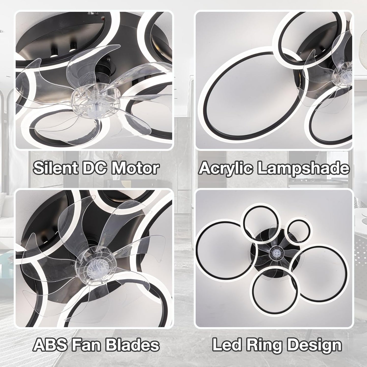 LuxiLamps - 5 Rings Ceiling Fan - Black - 6 Speeds - Dimmable With Remote Control and APP - Modern Circle Fan Light