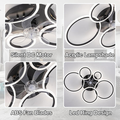 LuxiLamps - 5 Rings Ceiling Fan - Black - 6 Speeds - Dimmable With Remote Control and APP - Modern Circle Fan Light