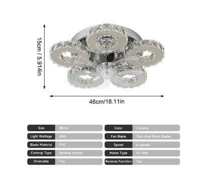 5 Ringen Crystal Plafondlamp - Plafondventilator - Smart Lamp - Met Dimmer - 6 Standen Ventilator