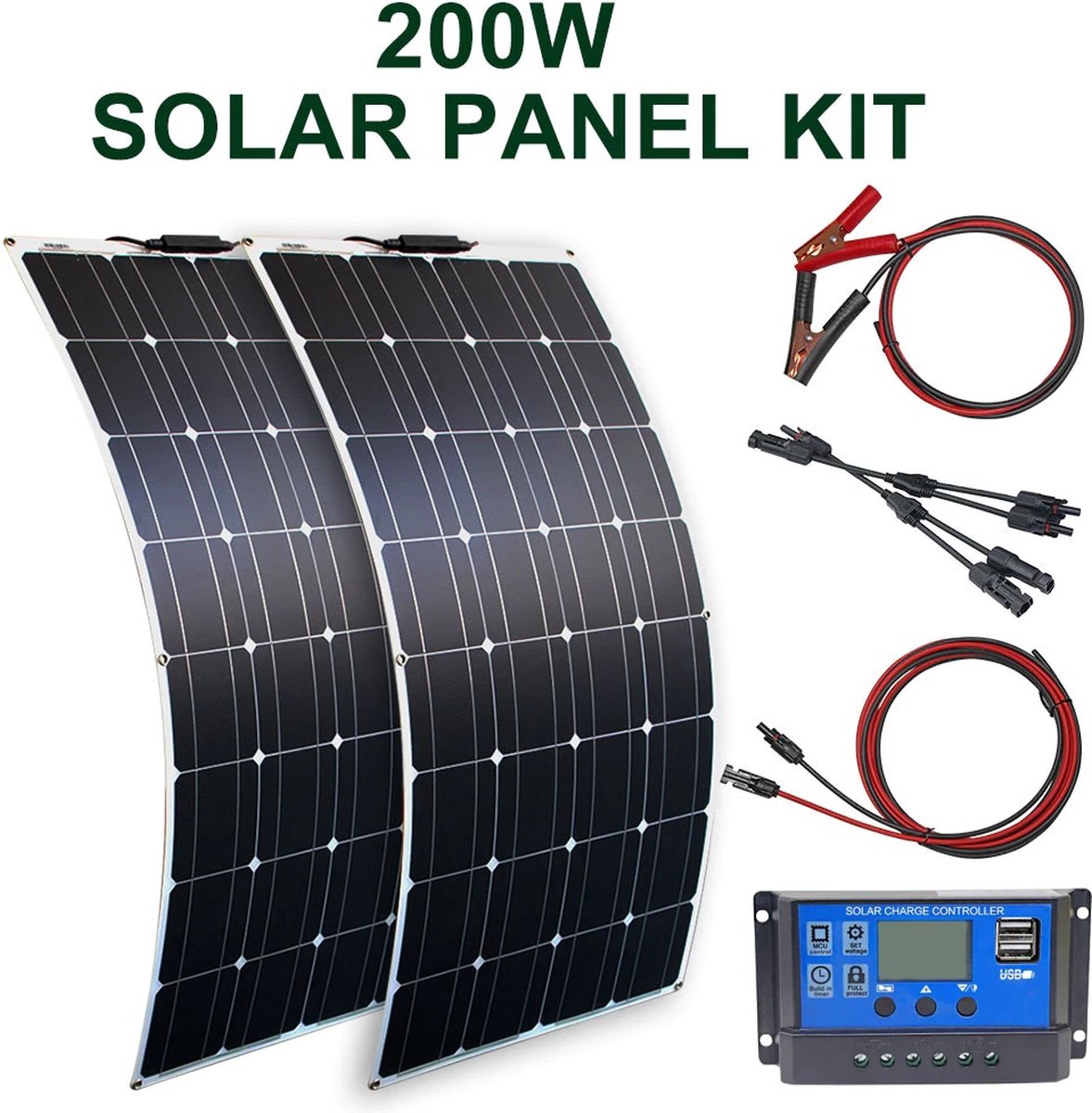 Flexibele Zonnepaneelset - Twee Panelen Van 100 W - Monokristallijn - Dunne 3 mm-Uitvoering - Met Laadregelaar - Voor Camper