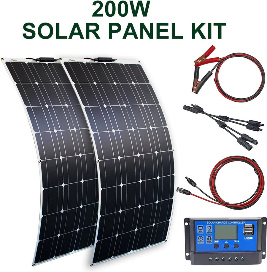 Flexibele Zonnepaneelset - Twee Panelen Van 100 W - Monokristallijn - Dunne 3 mm-Uitvoering - Met Laadregelaar - Voor Camper