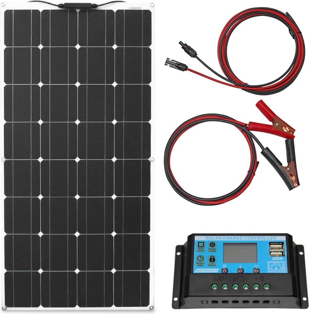 Flexibele Zonnepaneelset - Twee Panelen Van 100 W - Monokristallijn - Dunne 3 mm-Uitvoering - Met Laadregelaar - Voor Camper