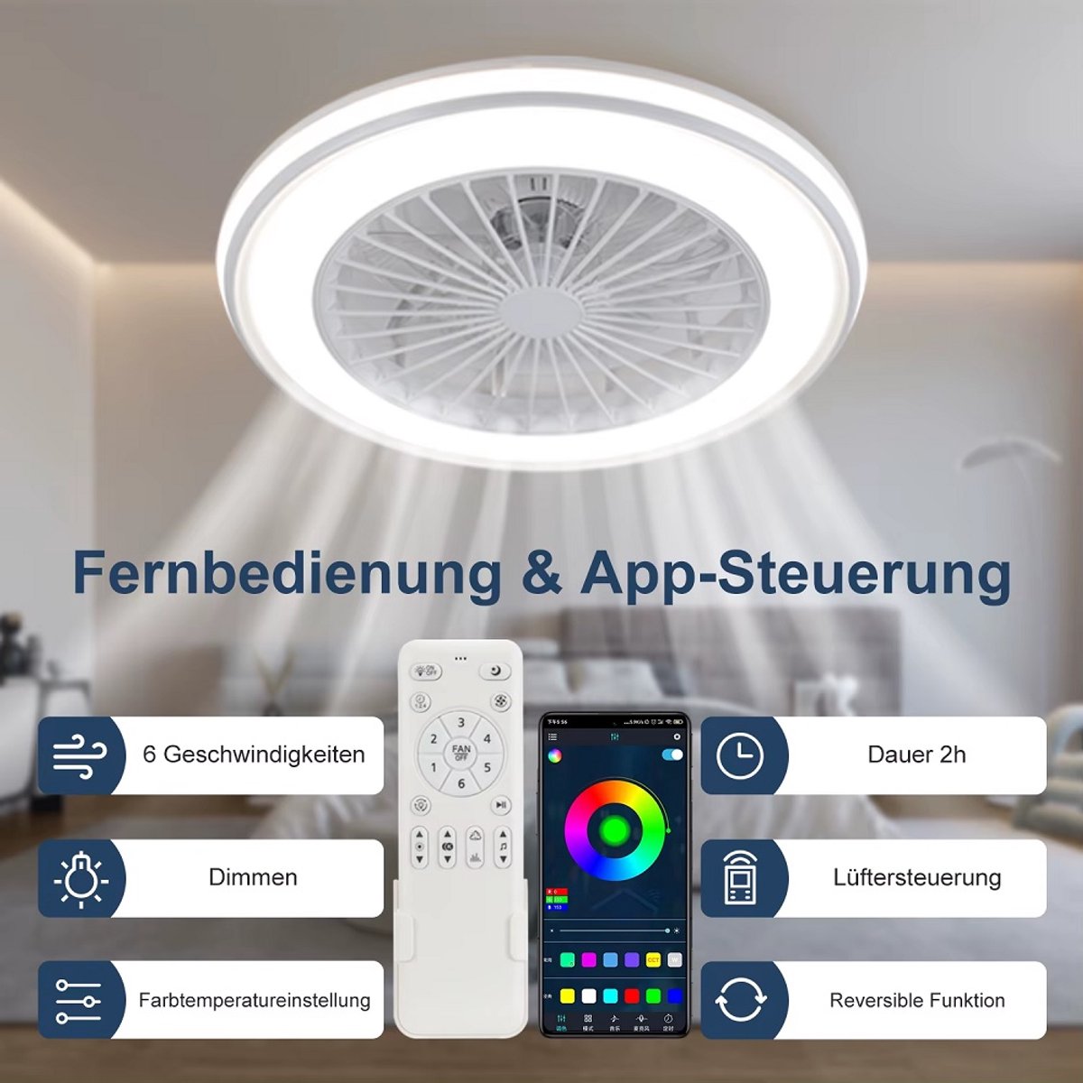 RGB Plafondventilator - Met Luidspreker - Dimbaar Met Afstandsbediening - 12 Kleuren - 60W - RGB Muziek Ventilator - Woonkamerlamp - Kroonluchter Ventilator