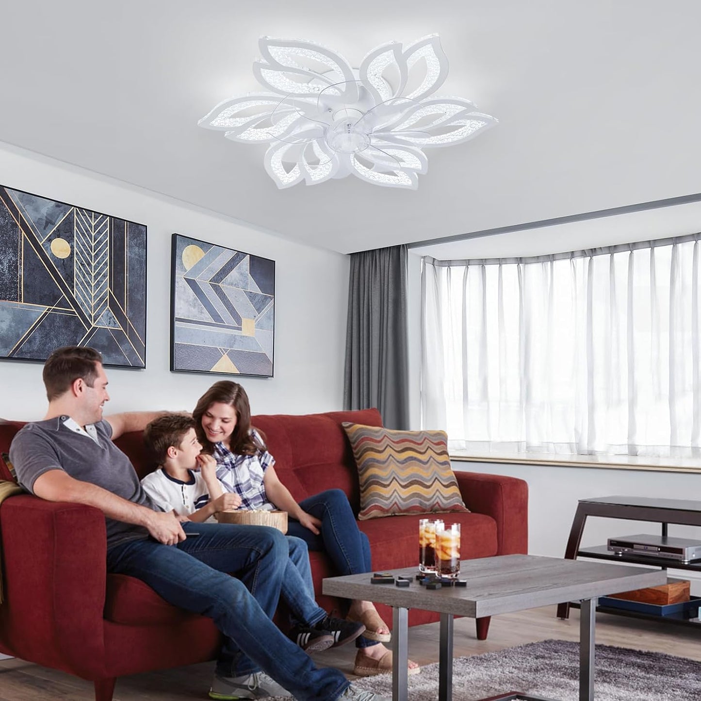 6 Bloem Crystal Ventilator Lamp - Plafondventilator - Wit - 6 Standen - Smart Lamp - Dimbaar - Kroonluchter Ventilator - Chandelier Fan - Woonkamerlamp - Ventilator Lampen