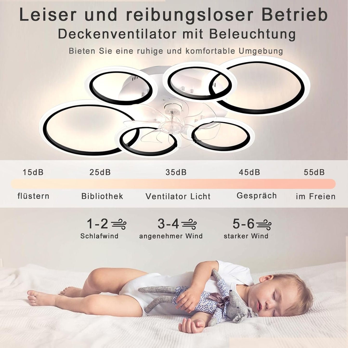 LuxiLamps - 6 Ringen LED Plafondventilator - Zwart - 6 Snelheden - Smart lamp - Dimbaar Met Afstandsbediening & APP - Moderne Cirkel Ventilator Licht - Kroonluchter Ventilator